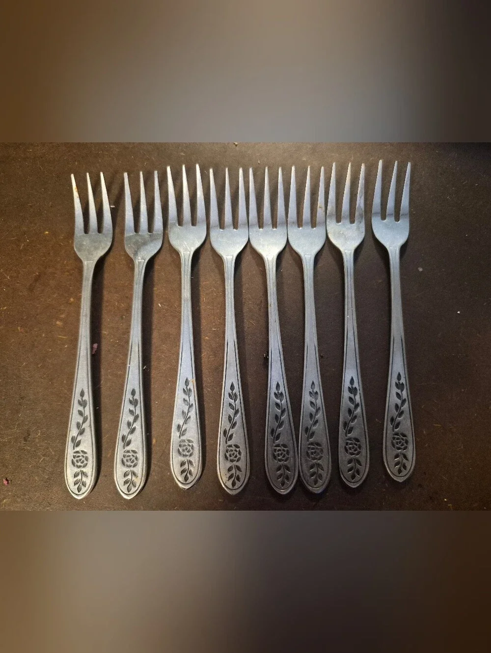 8 Vtg Rogers FLORAL MIST Cocktail Forks 5-3/4